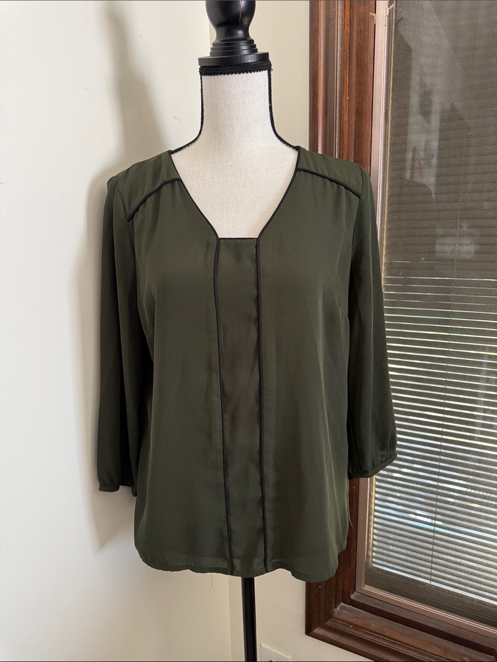 Skies Are Blue | Olive Green Women's Blouse with Black Piping Size S